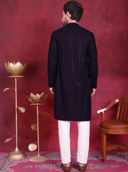 Jompers Men's Sequins Chikankari Kurta with Pyjama - Navy Blue - Distacart