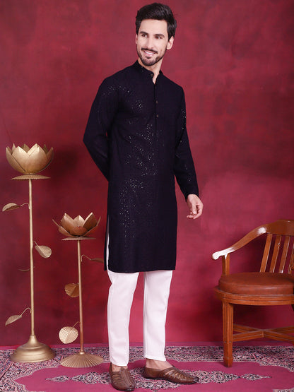 Jompers Men's Sequins Chikankari Kurta with Pyjama - Navy Blue - Distacart