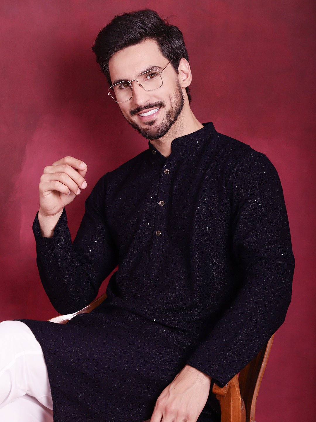 Jompers Men's Sequins Chikankari Kurta with Pyjama - Navy Blue - Distacart