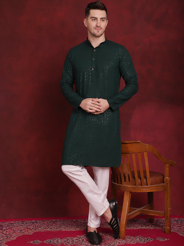 Jompers Men's Sequins Chikankari Kurta with Pyjama - Olive - Distacart