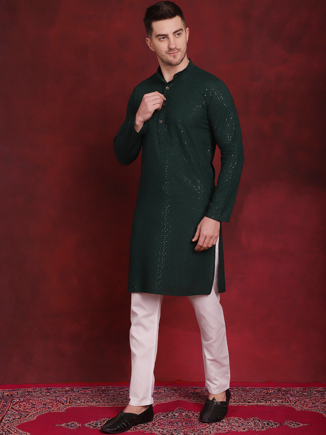 Jompers Men's Sequins Chikankari Kurta with Pyjama - Olive - Distacart