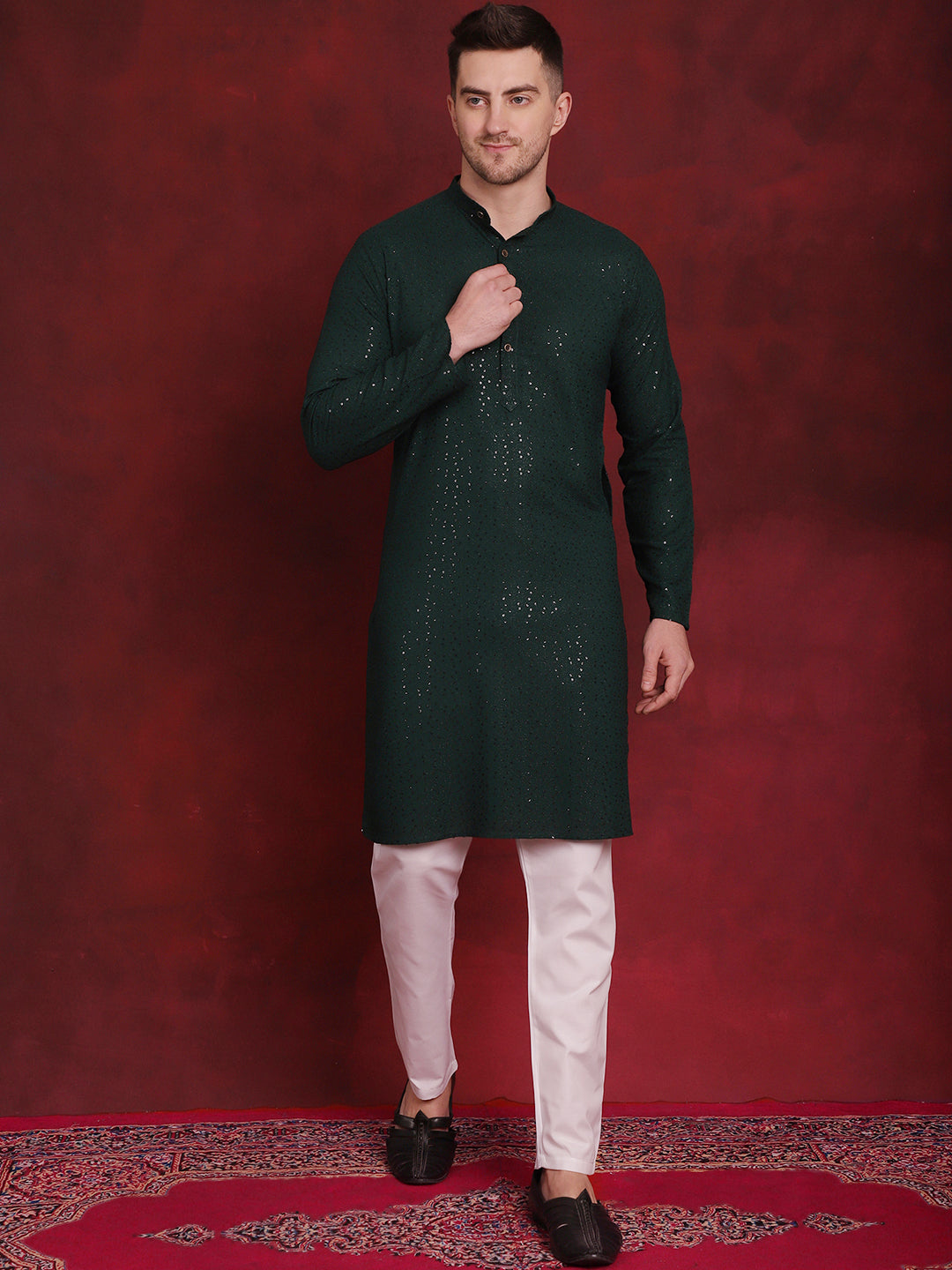 Jompers Men's Sequins Chikankari Kurta with Pyjama - Olive - Distacart