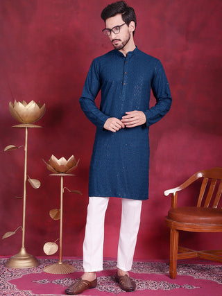 Jompers Men's Sequins Chikankari Kurta with Pyjama - Peacock - Distacart