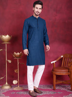 Thumbnail for Jompers Men's Sequins Chikankari Kurta with Pyjama - Peacock - Distacart