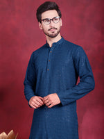 Thumbnail for Jompers Men's Sequins Chikankari Kurta with Pyjama - Peacock - Distacart