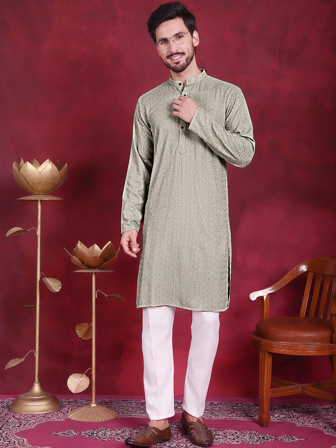 Jompers Men's Sequins Chikankari Kurta with Pyjama - Pista - Distacart