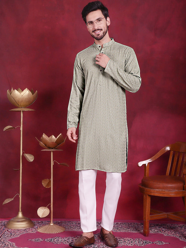 Jompers Men's Sequins Chikankari Kurta with Pyjama - Pista - Distacart
