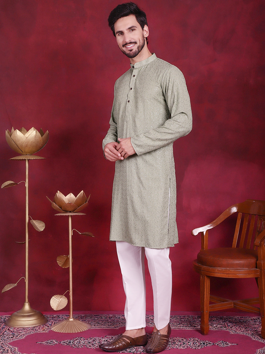 Jompers Men's Sequins Chikankari Kurta with Pyjama - Pista - Distacart