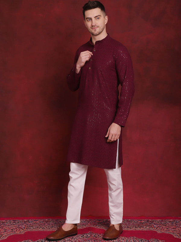 Jompers Men's Sequins Chikankari Kurta with Pyjama - Purple - Distacart