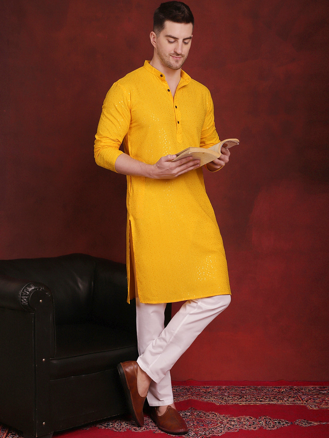Jompers Men's Sequins Chikankari Kurta with Pyjama - Yellow - Distacart