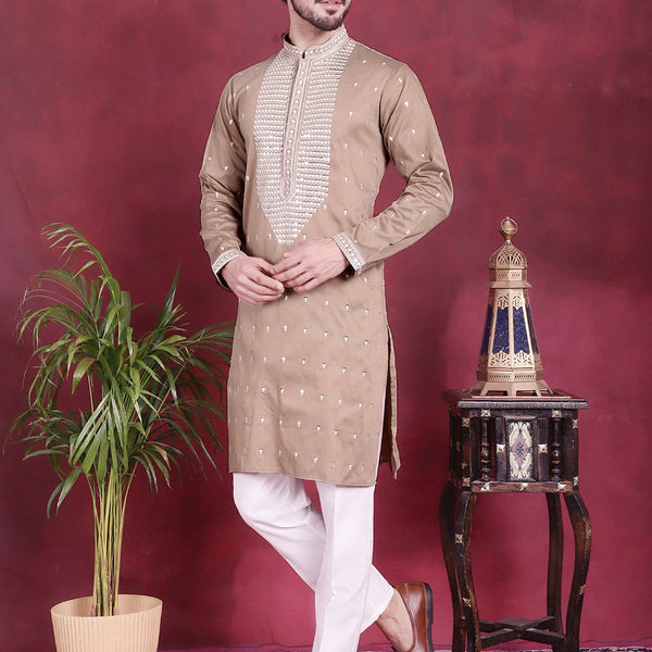 Jompers Men's Sequins Embroidered Kurta Pyjama Set - Beige - Distacart