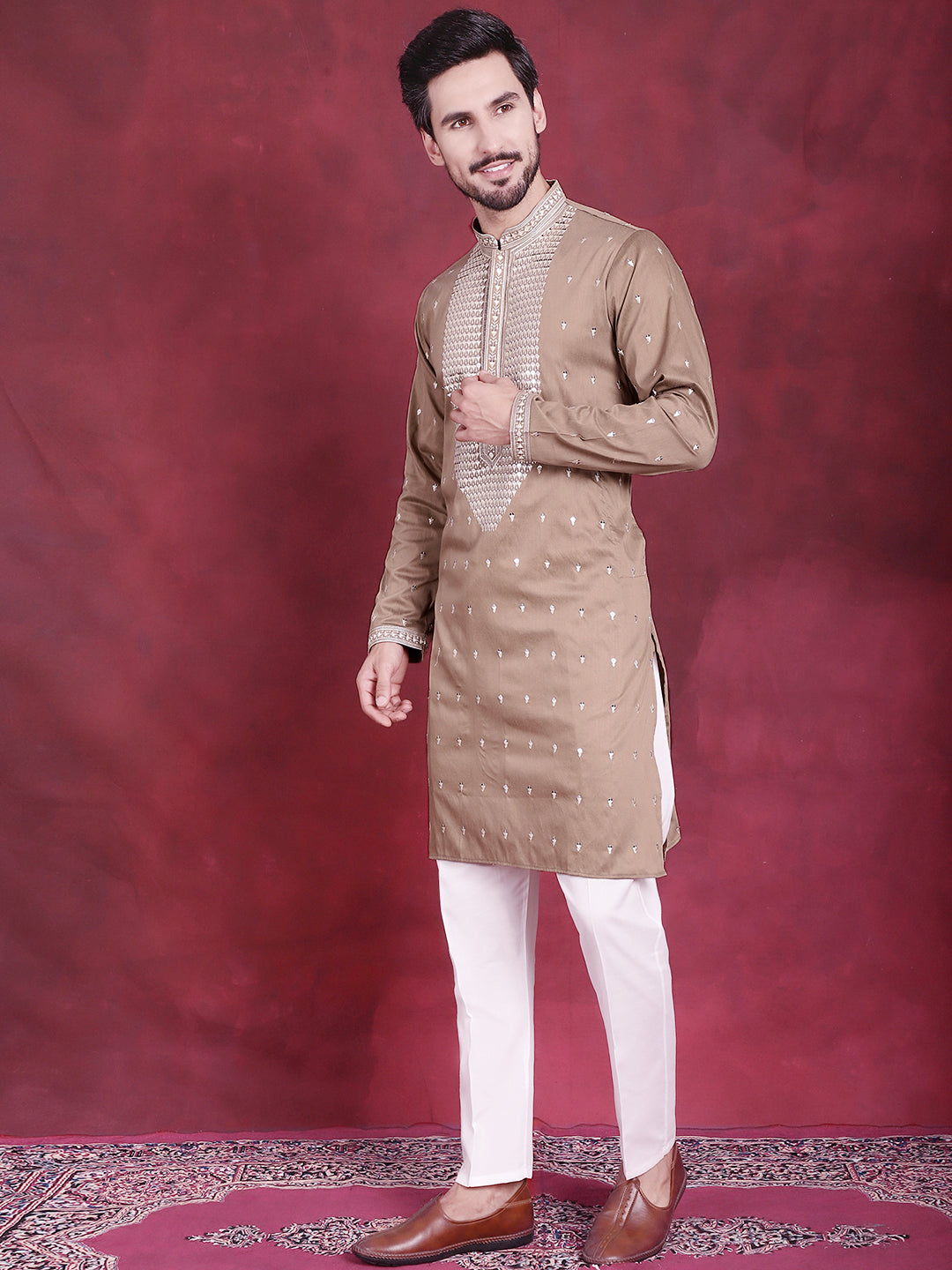 Jompers Men's Sequins Embroidered Kurta Pyjama Set - Beige - Distacart