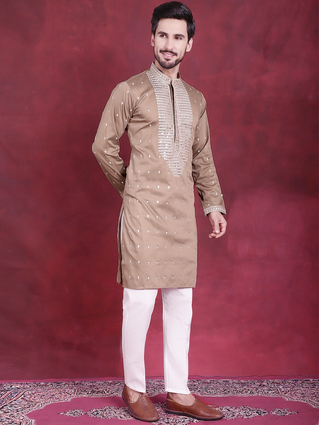 Jompers Men's Sequins Embroidered Kurta Pyjama Set - Beige - Distacart