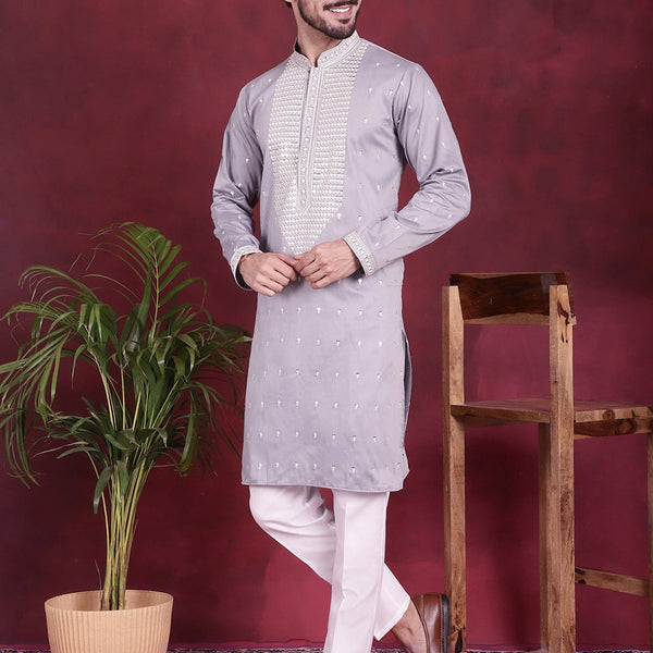 Jompers Men's Sequins Embroidered Kurta Pyjama Set - Grey - Distacart