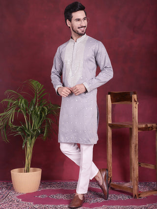 Jompers Men's Sequins Embroidered Kurta Pyjama Set - Grey - Distacart