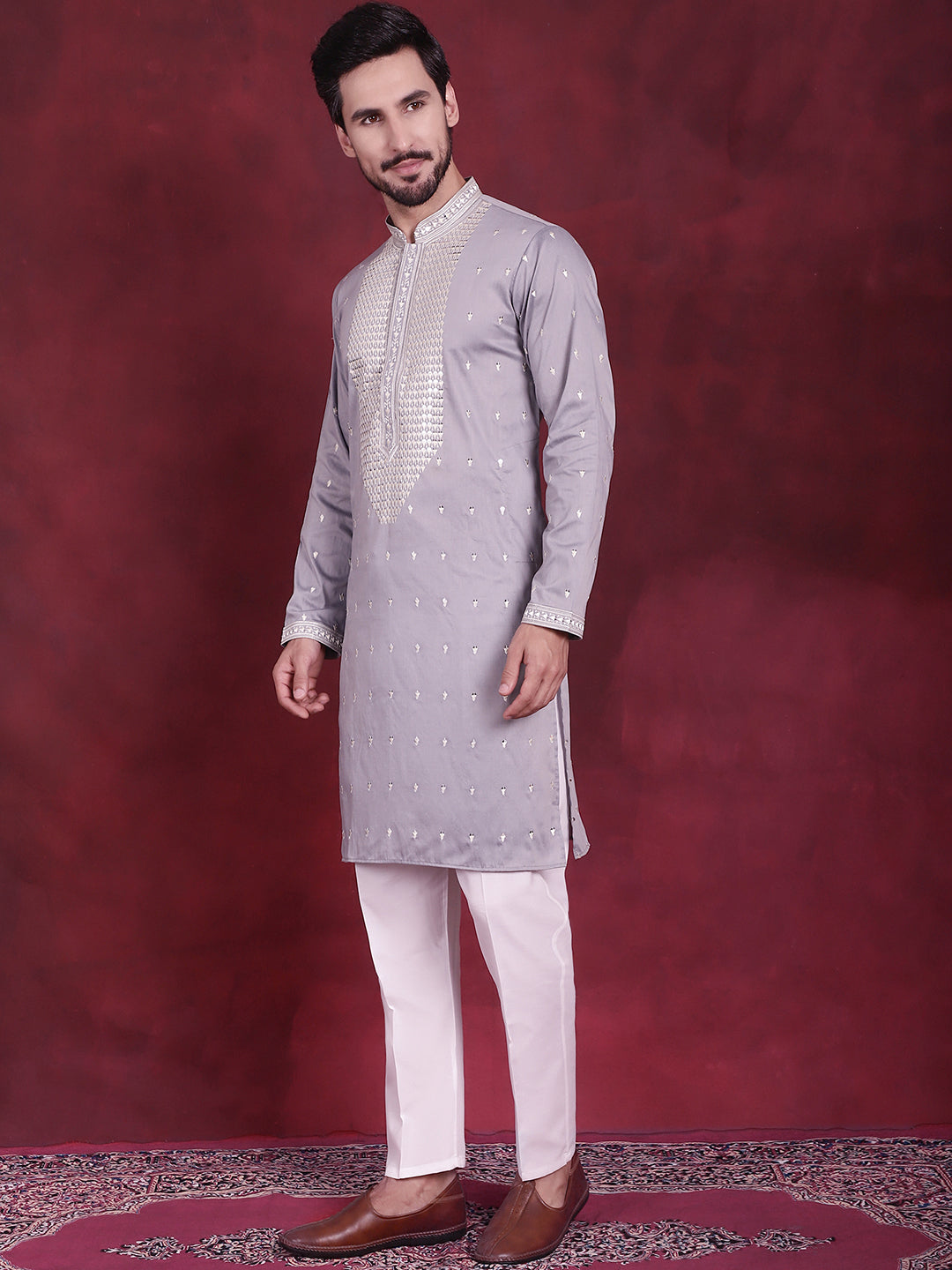 Jompers Men's Sequins Embroidered Kurta Pyjama Set - Grey - Distacart