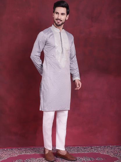 Jompers Men's Sequins Embroidered Kurta Pyjama Set - Grey - Distacart