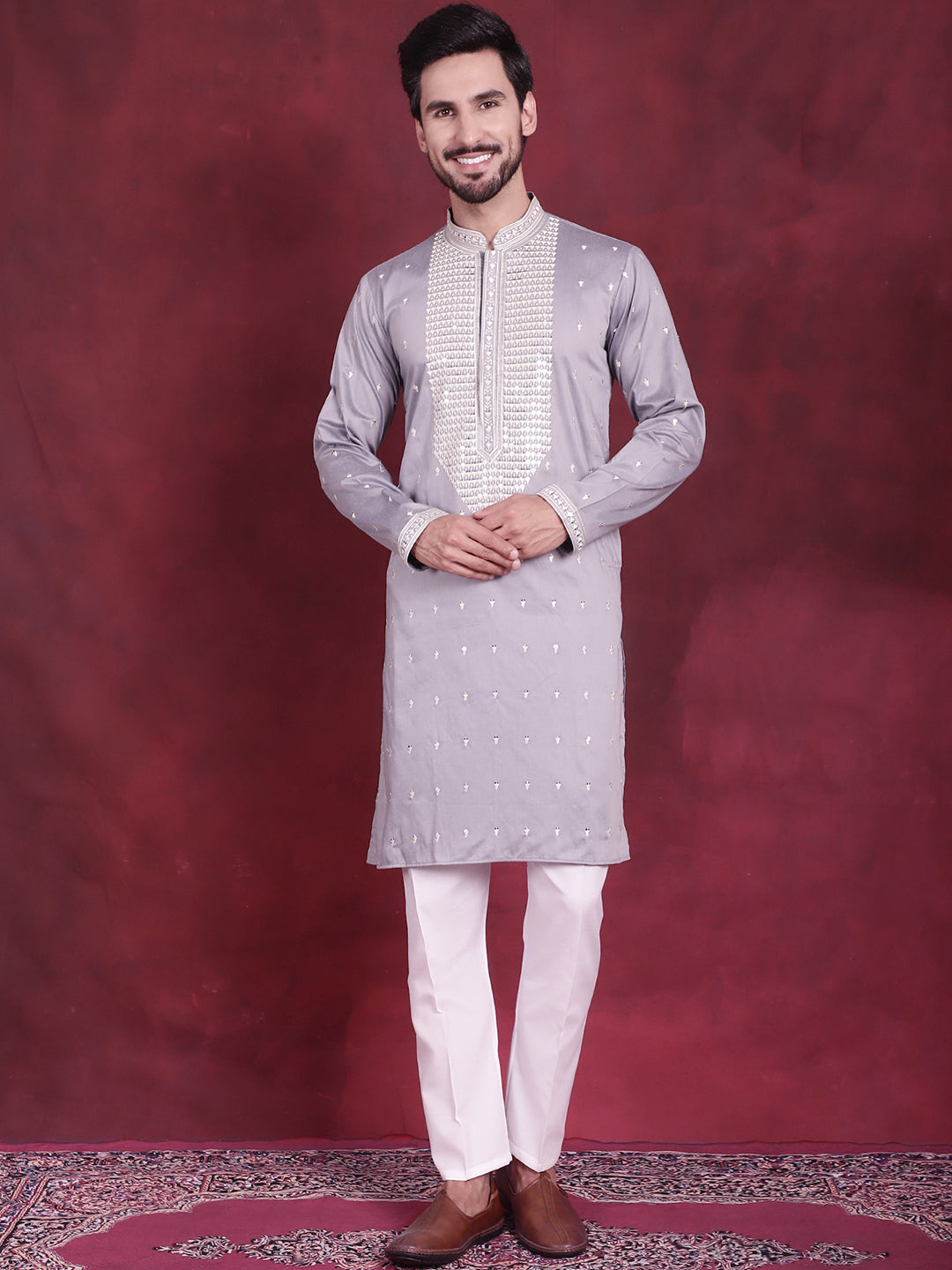 Jompers Men's Sequins Embroidered Kurta Pyjama Set - Grey - Distacart