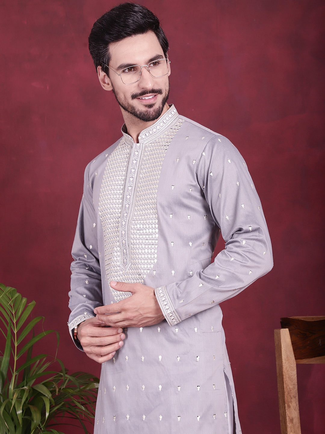 Jompers Men's Sequins Embroidered Kurta Pyjama Set - Grey - Distacart