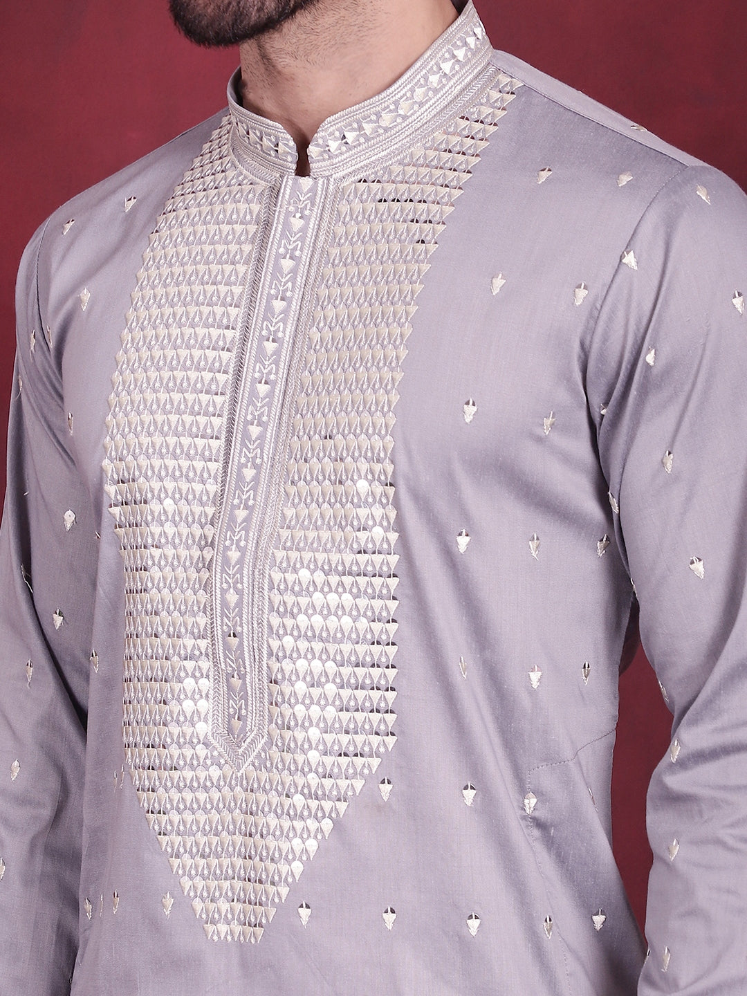 Jompers Men's Sequins Embroidered Kurta Pyjama Set - Grey - Distacart
