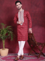 Thumbnail for Jompers Men's Sequins Embroidered Kurta Pyjama Set - Maroon - Distacart
