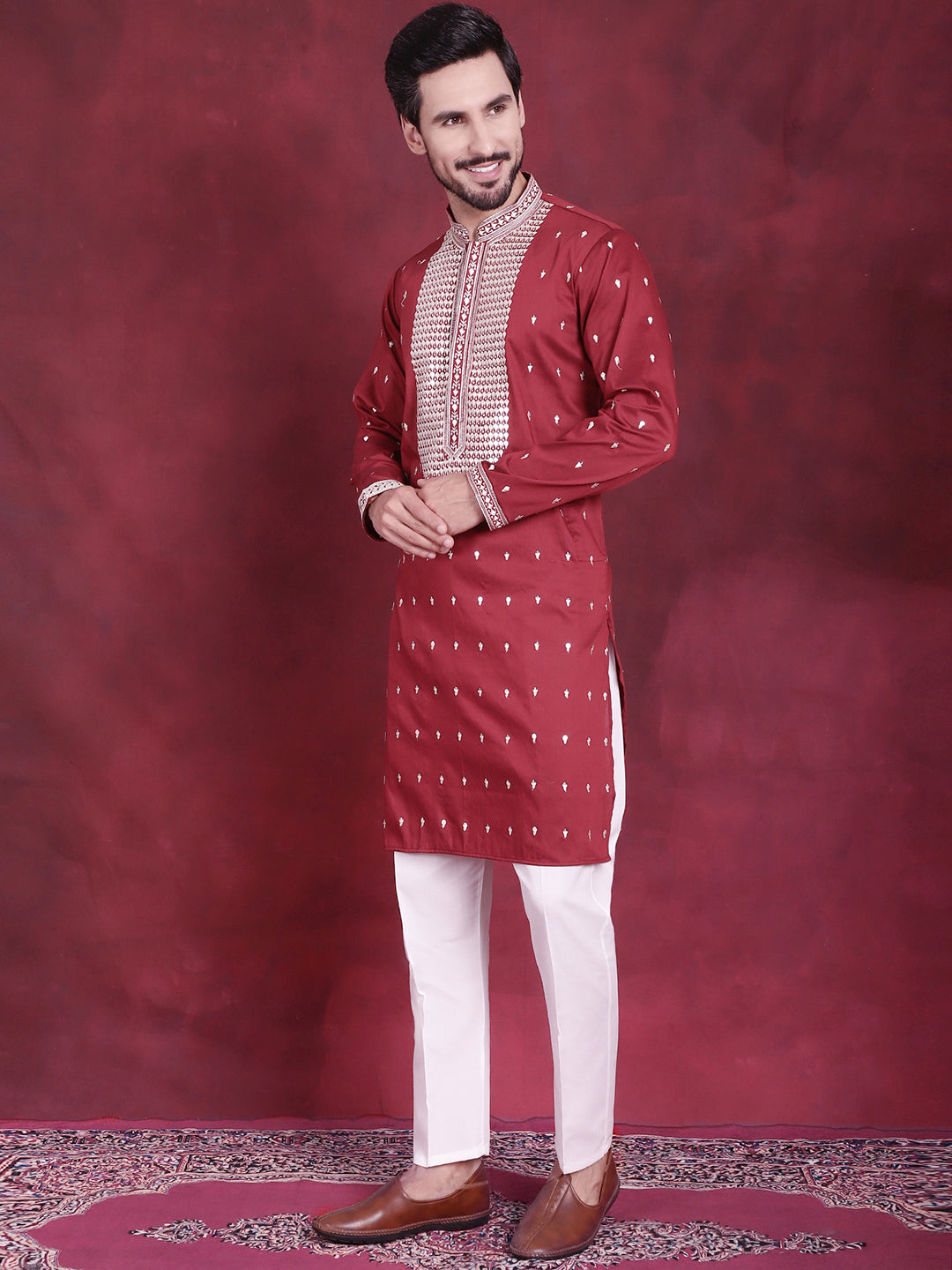 Jompers Men's Sequins Embroidered Kurta Pyjama Set - Maroon - Distacart