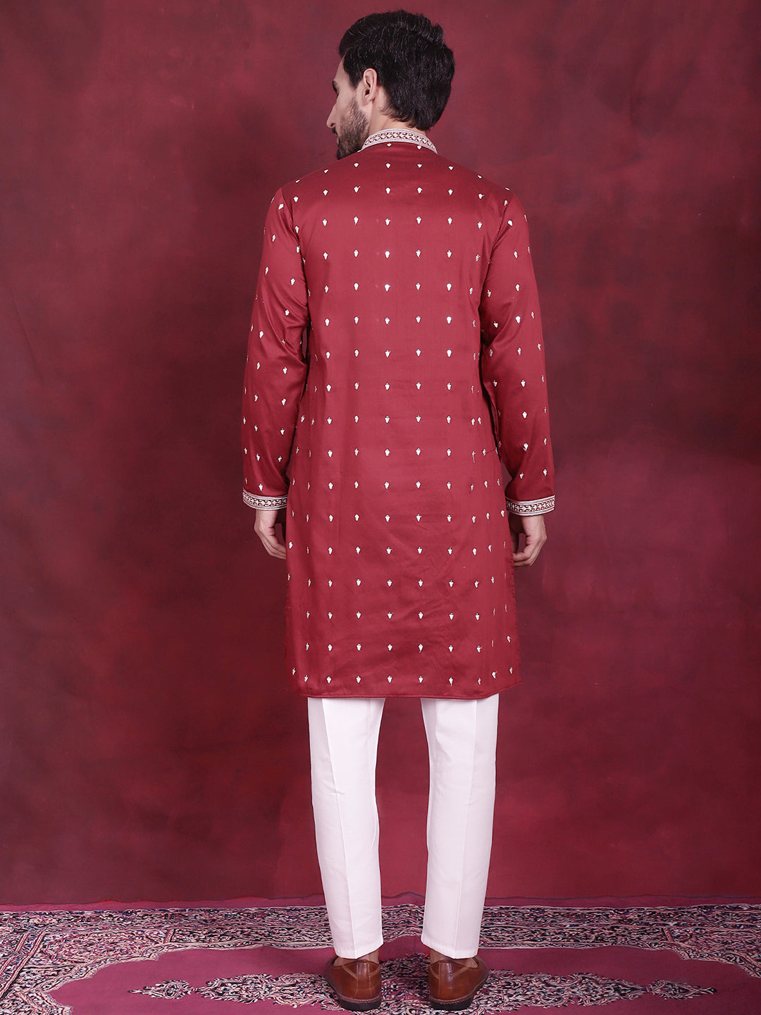 Jompers Men's Sequins Embroidered Kurta Pyjama Set - Maroon - Distacart