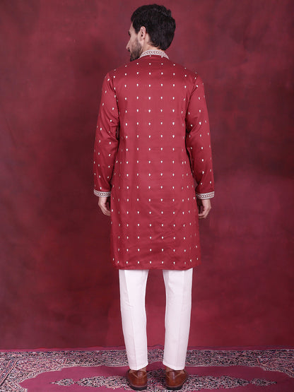 Jompers Men's Sequins Embroidered Kurta Pyjama Set - Maroon - Distacart