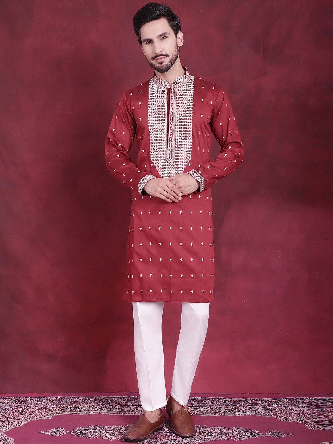Jompers Men's Sequins Embroidered Kurta Pyjama Set - Maroon - Distacart