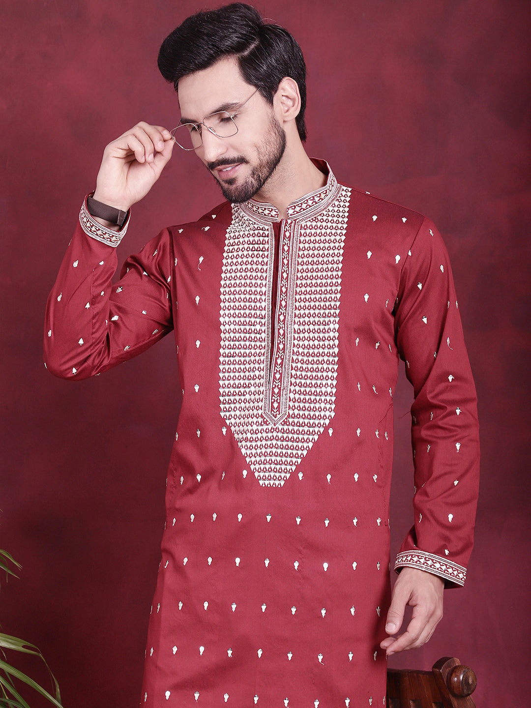 Jompers Men's Sequins Embroidered Kurta Pyjama Set - Maroon - Distacart