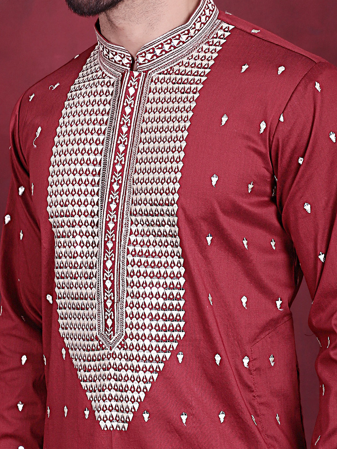 Jompers Men's Sequins Embroidered Kurta Pyjama Set - Maroon - Distacart