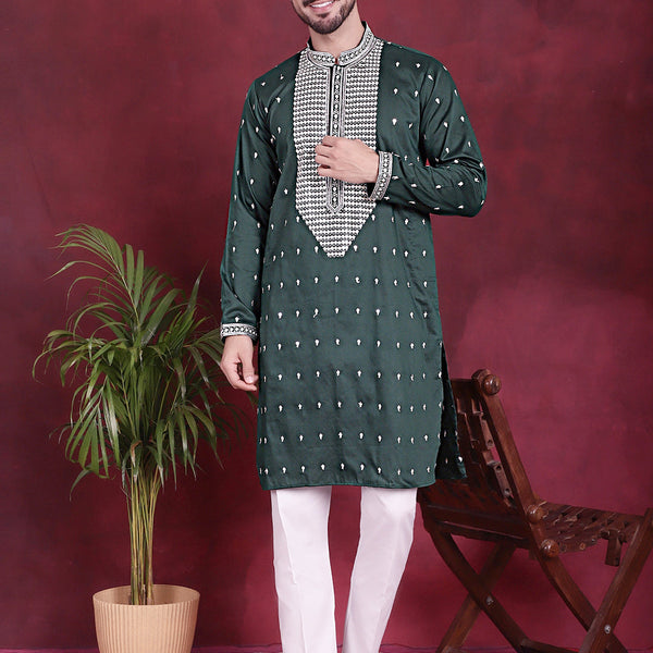 Jompers Men's Sequins Embroidered Kurta Pyjama Set - Olive - Distacart