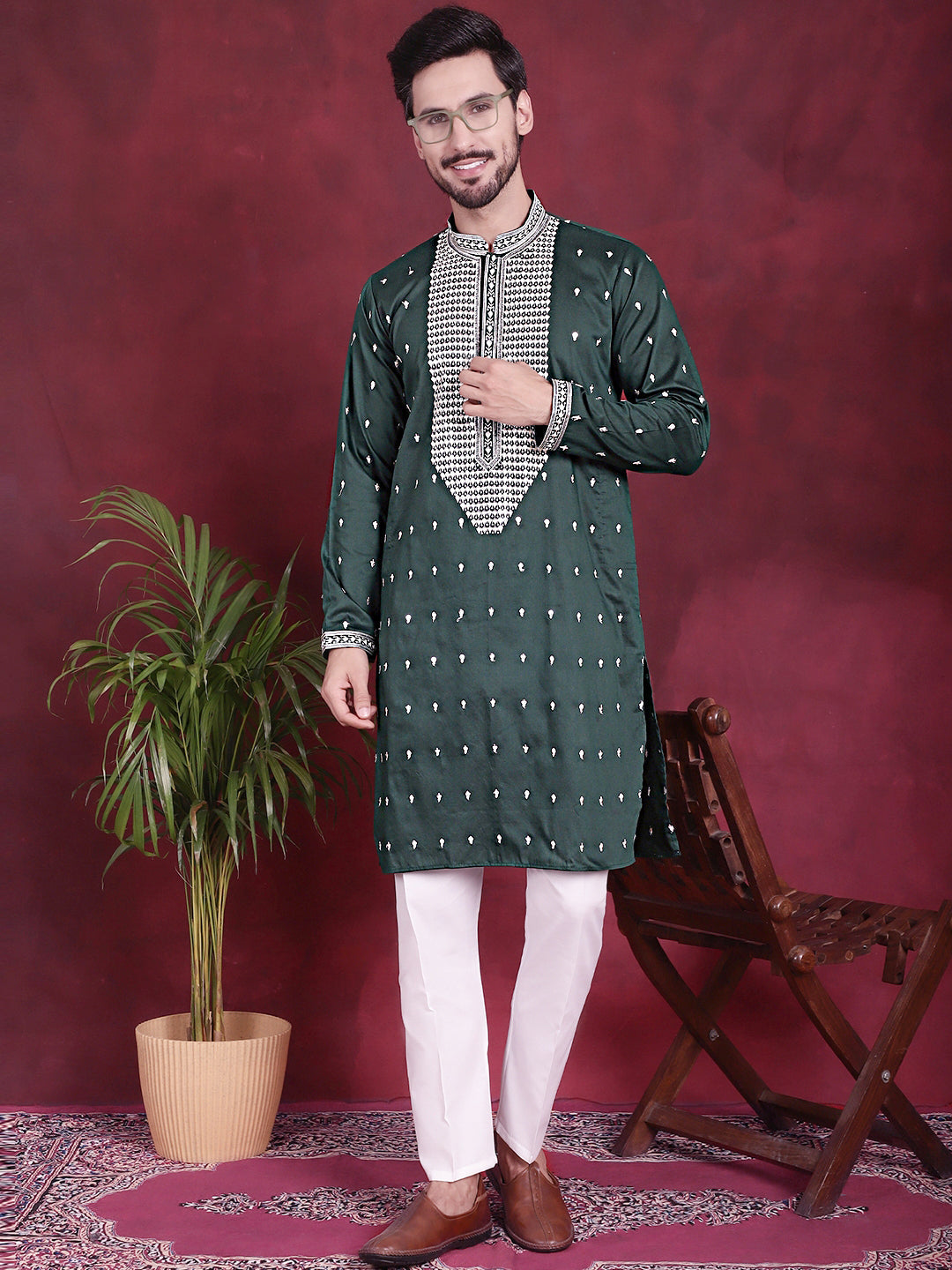 Jompers Men's Sequins Embroidered Kurta Pyjama Set - Olive - Distacart