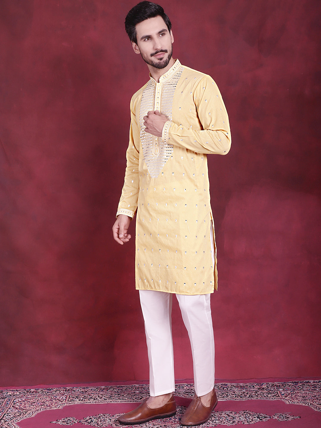 Jompers Men's Sequins Embroidered Kurta Pyjama Set - Yellow - Distacart