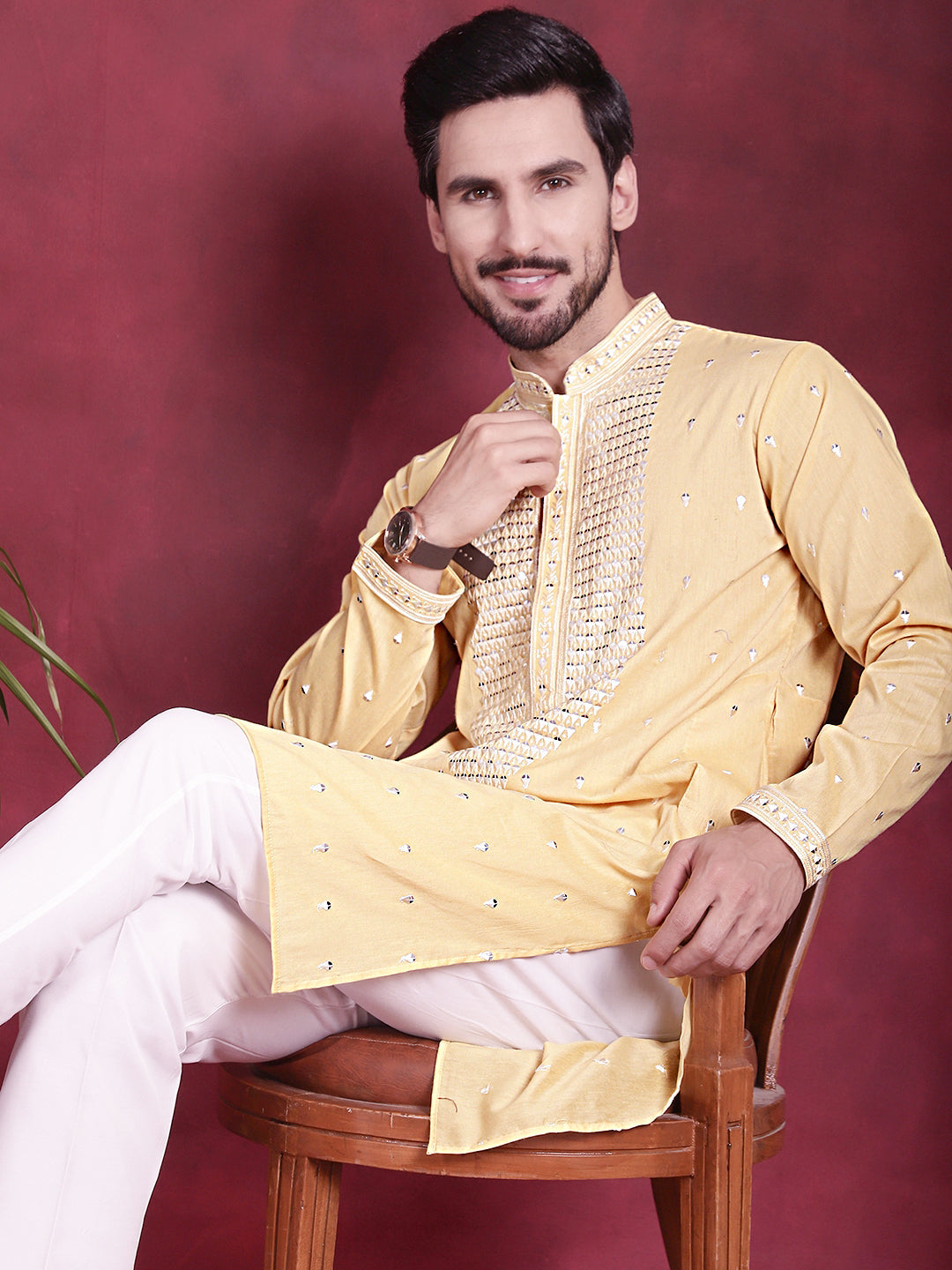 Jompers Men's Sequins Embroidered Kurta Pyjama Set - Yellow - Distacart
