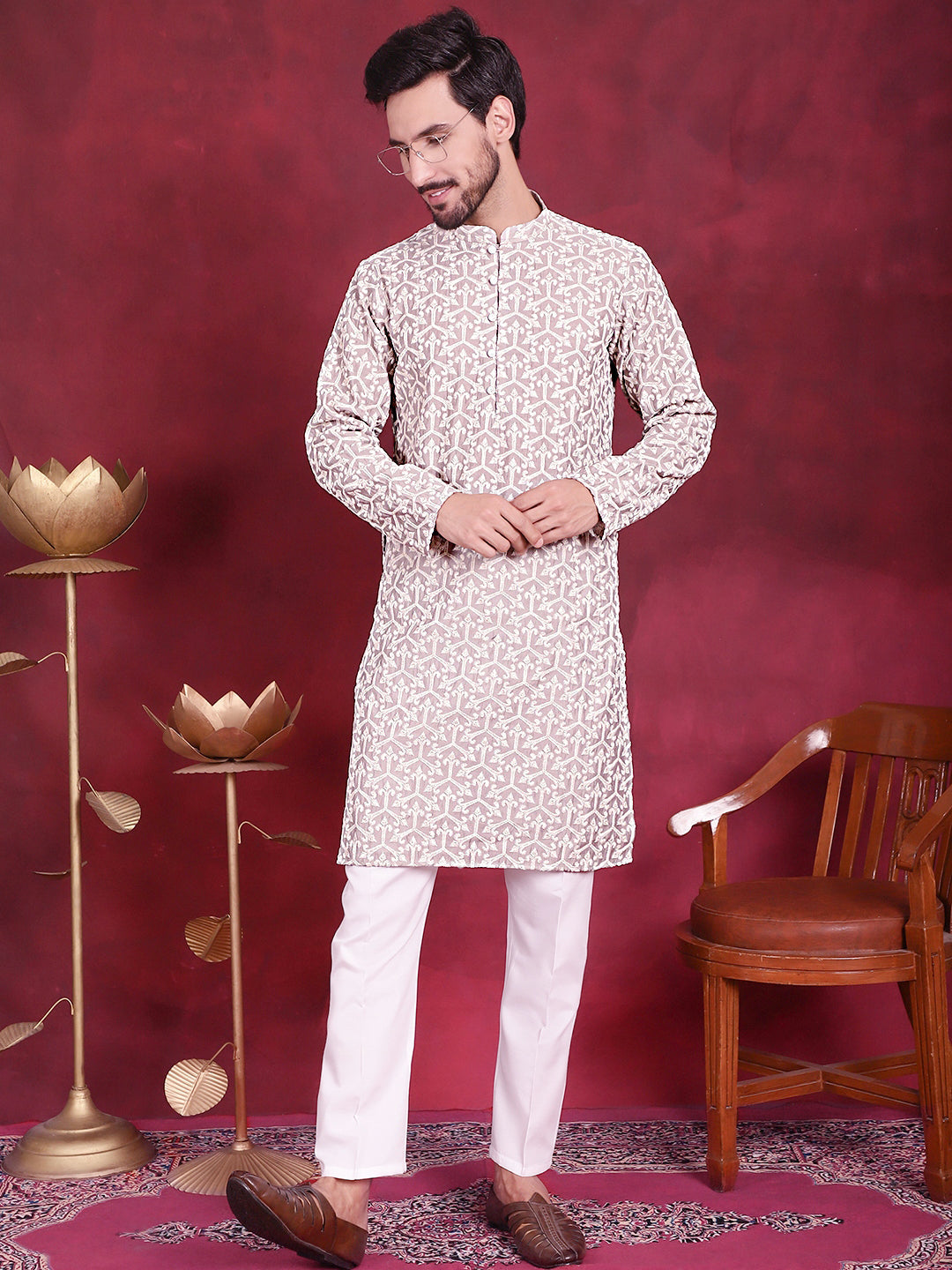 Jompers Men's Chikankari Embroidered Kurta Pyjama Set - Grey - Distacart