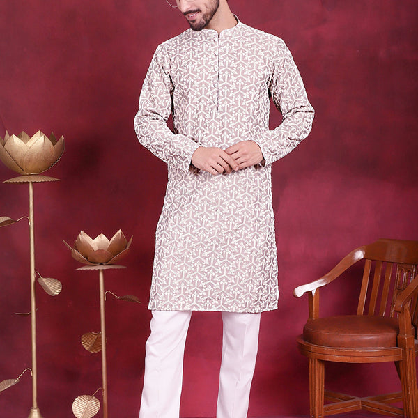 Jompers Men's Chikankari Embroidered Kurta Pyjama Set - Grey - Distacart