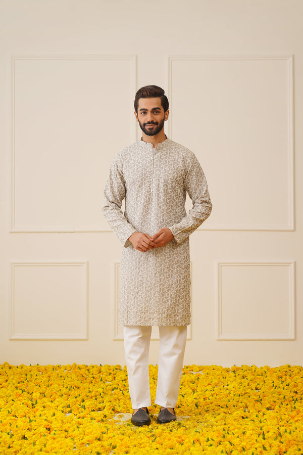 Jompers Men's Chikankari Embroidered Kurta - Grey - Distacart