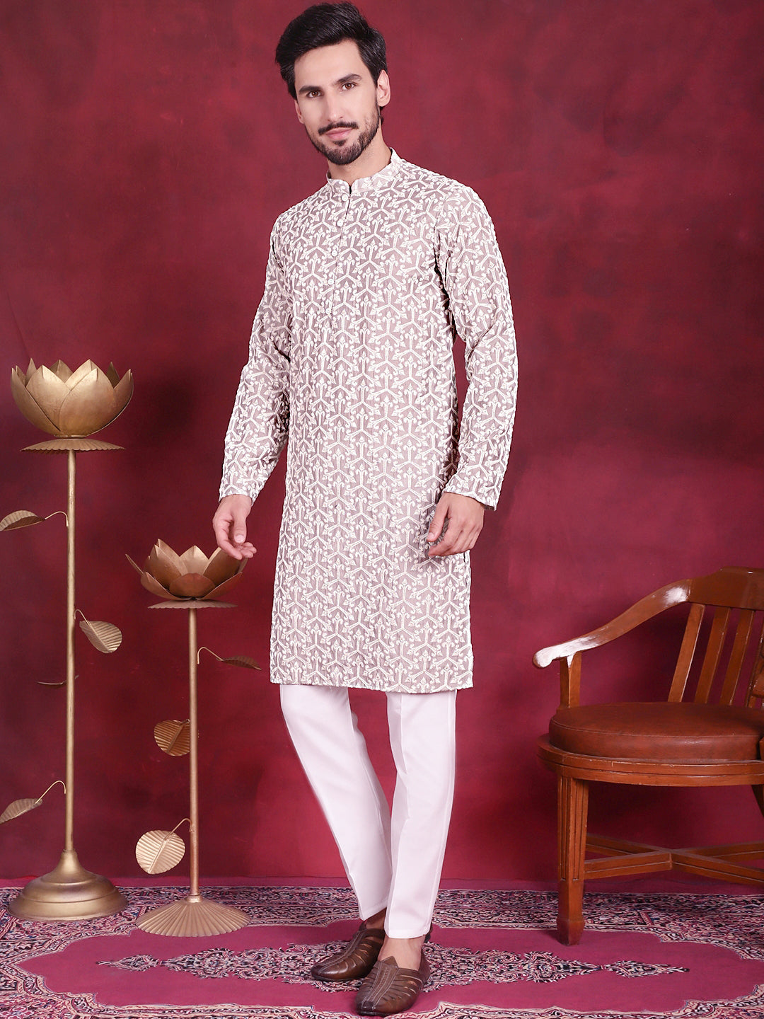 Jompers Men's Chikankari Embroidered Kurta Pyjama Set - Grey - Distacart