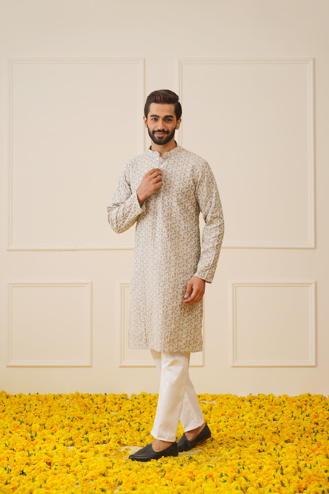 Jompers Men's Chikankari Embroidered Kurta - Grey - Distacart