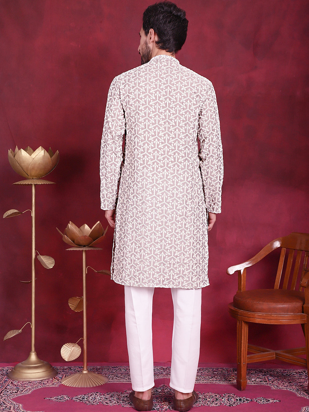 Jompers Men's Chikankari Embroidered Kurta Pyjama Set - Grey - Distacart