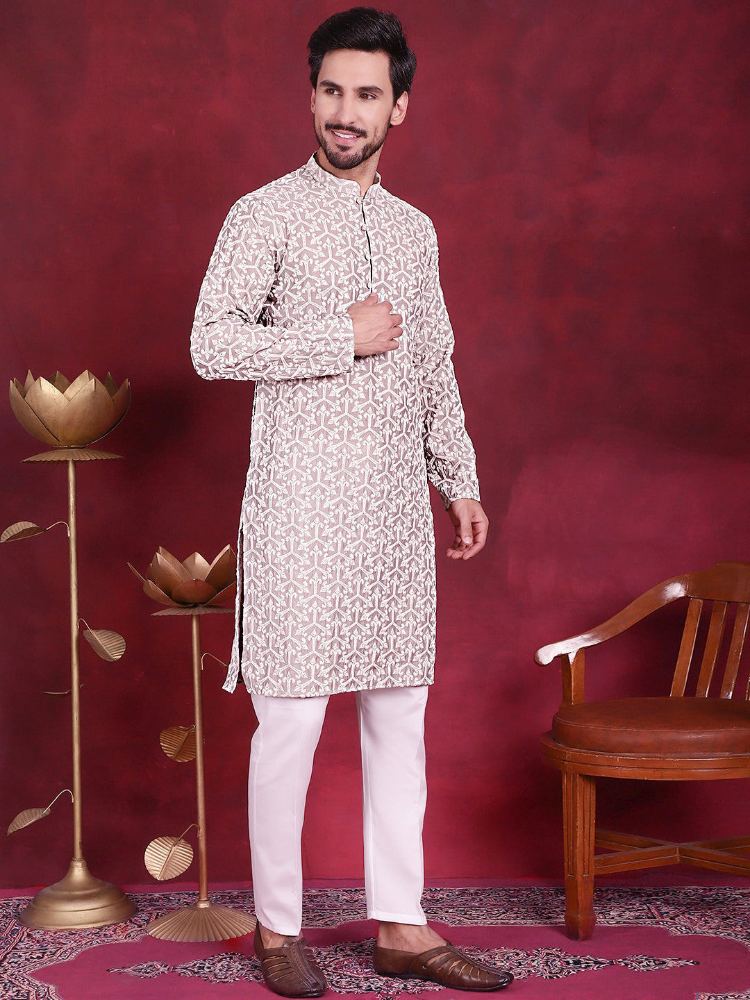 Jompers Men's Chikankari Embroidered Kurta Pyjama Set - Grey - Distacart