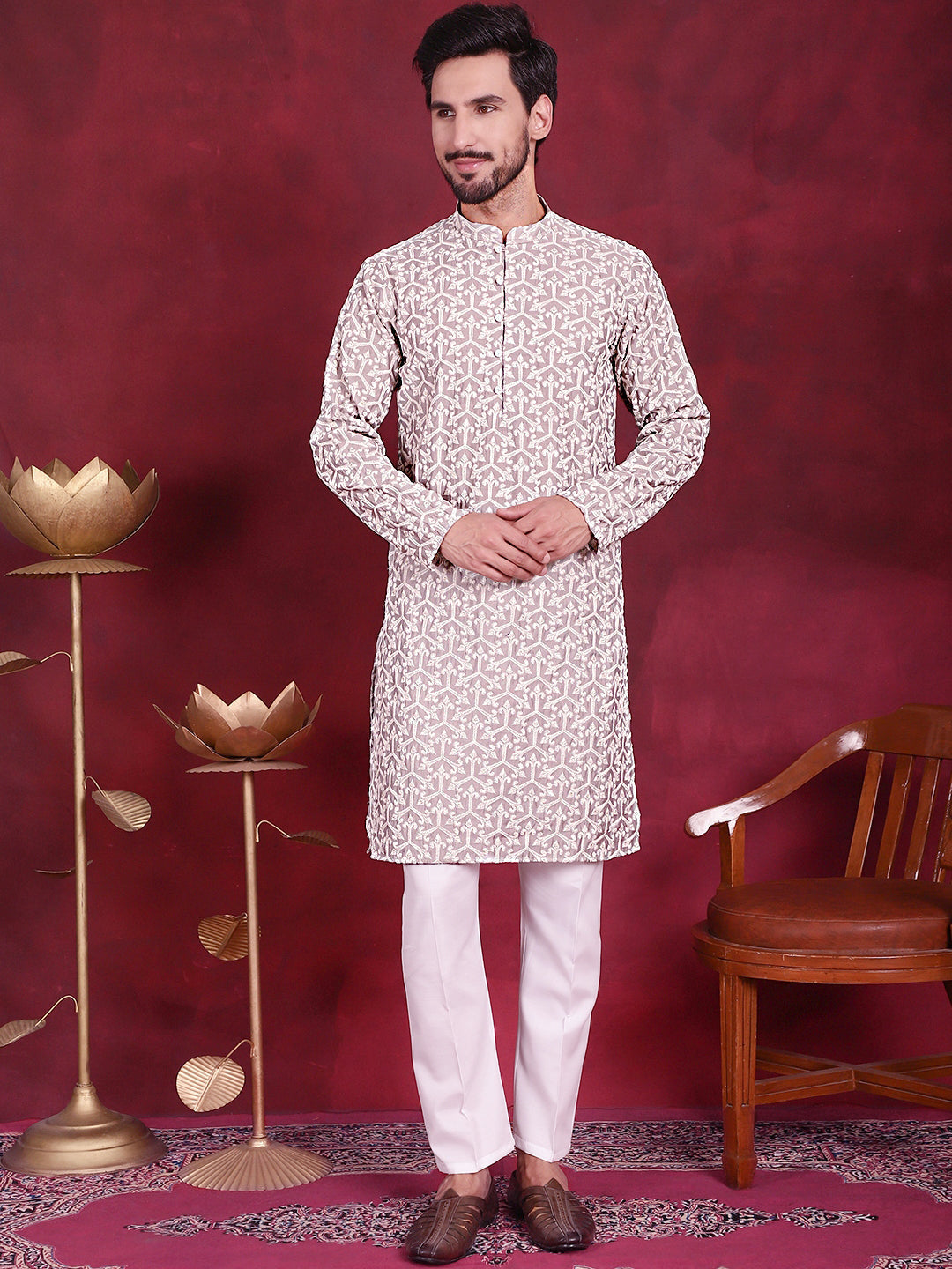 Jompers Men's Chikankari Embroidered Kurta Pyjama Set - Grey - Distacart