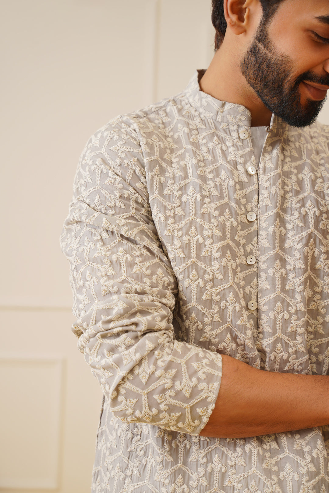 Jompers Men's Chikankari Embroidered Kurta - Grey - Distacart