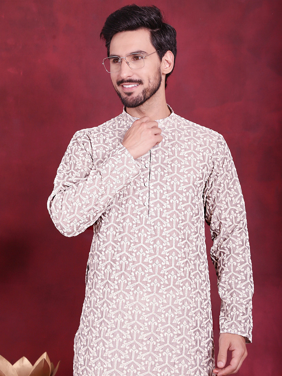 Jompers Men's Chikankari Embroidered Kurta Pyjama Set - Grey - Distacart