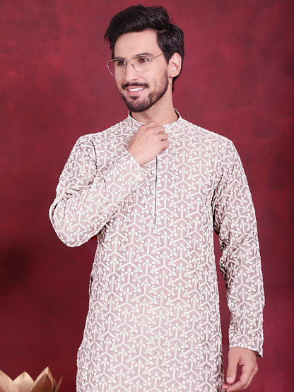 Jompers Men's Chikankari Embroidered Kurta Pyjama Set - Grey - Distacart