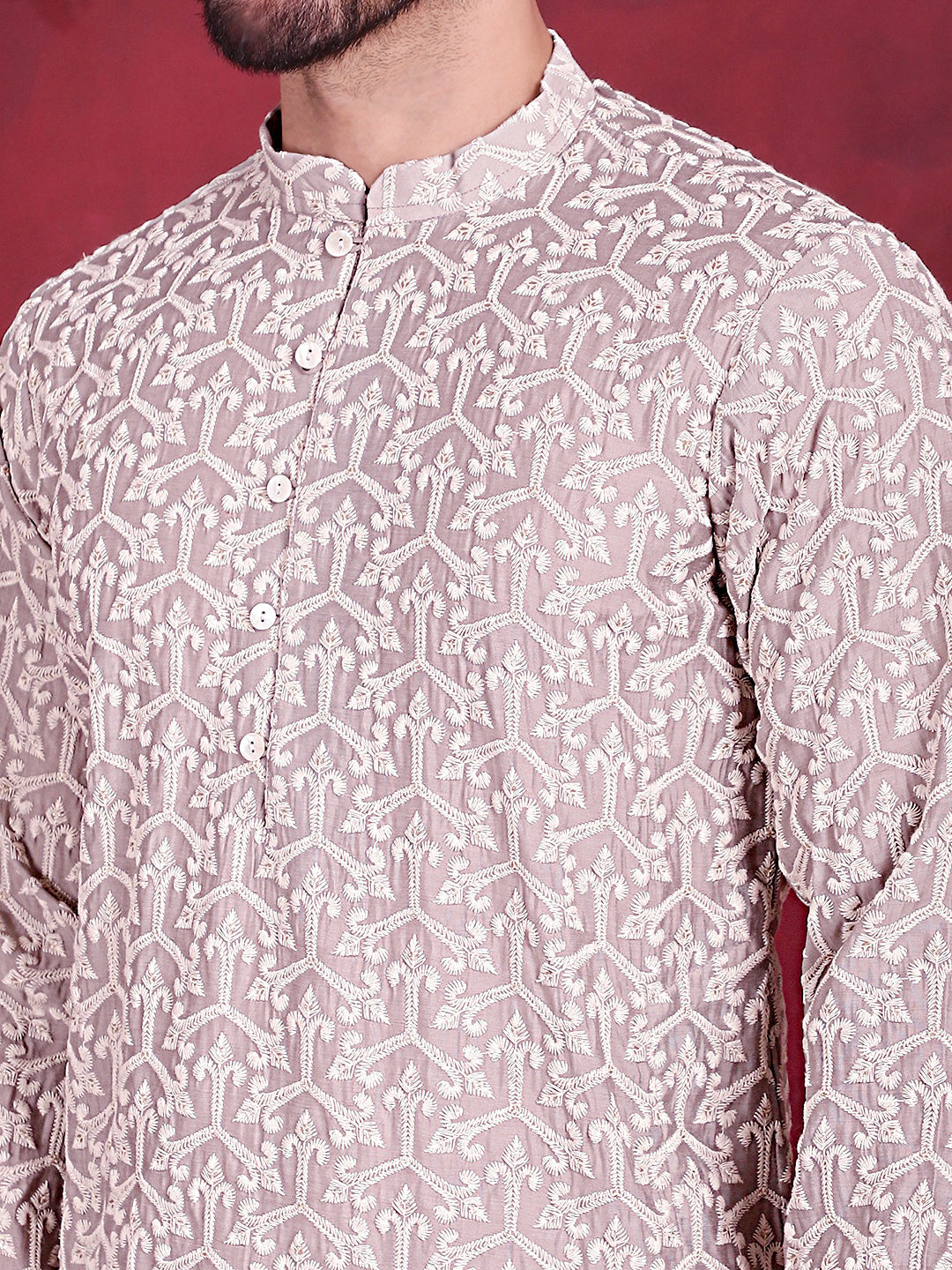 Jompers Men's Chikankari Embroidered Kurta Pyjama Set - Grey - Distacart