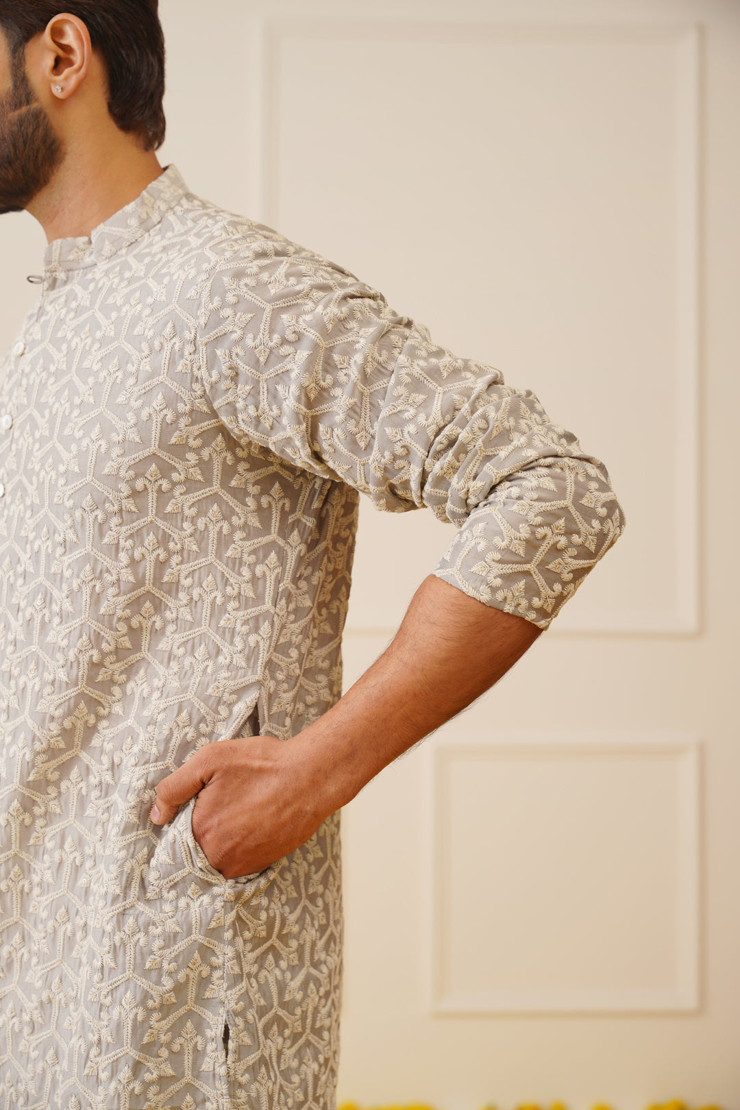 Jompers Men's Chikankari Embroidered Kurta - Grey - Distacart