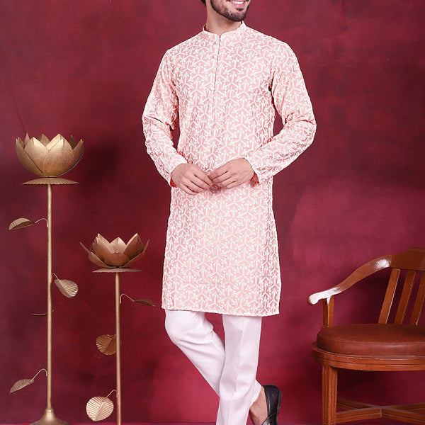 Jompers Men's Chikankari Embroidered Kurta Pyjama Set - Pink - Distacart