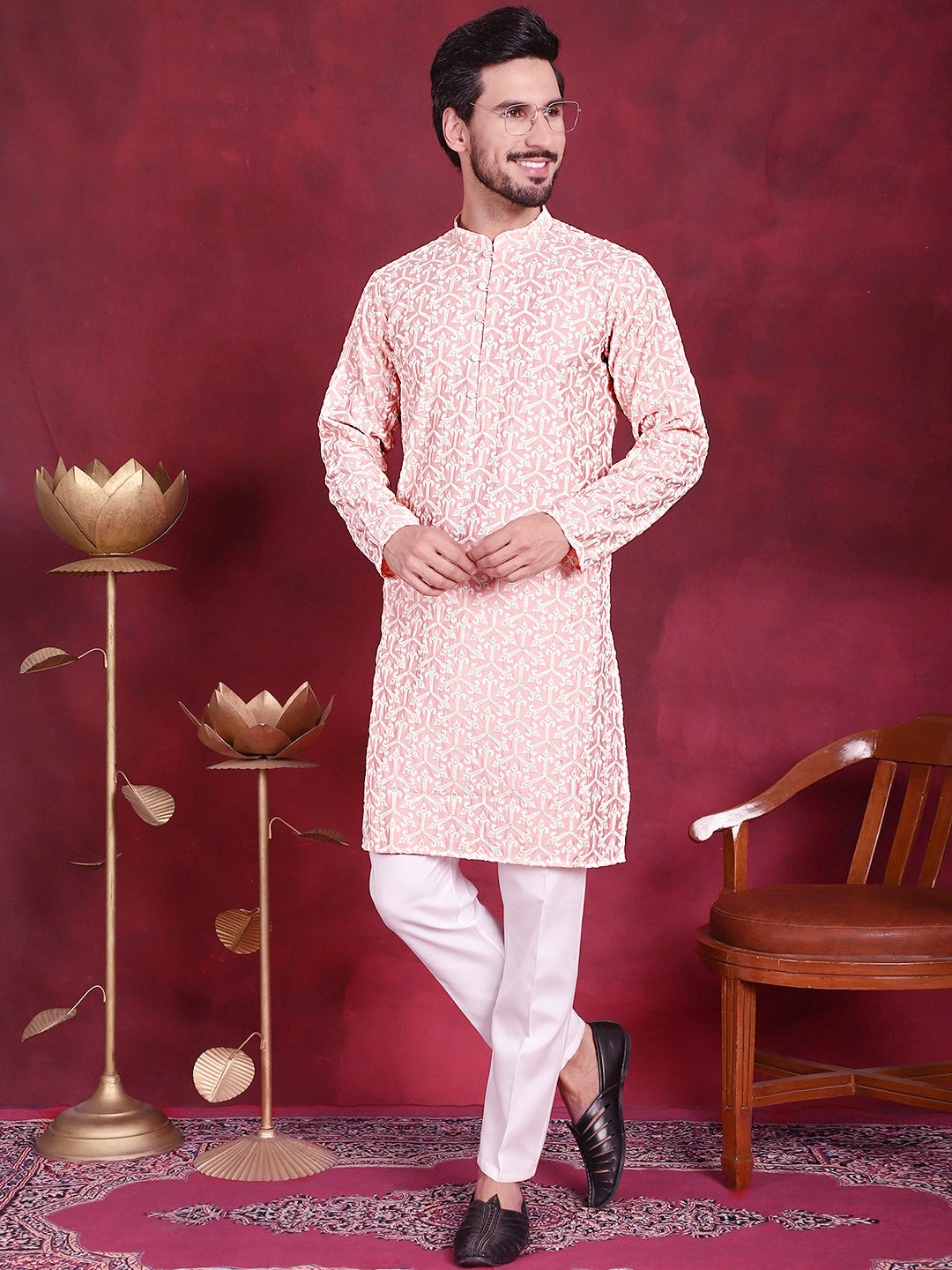 Jompers Men's Chikankari Embroidered Kurta Pyjama Set - Pink - Distacart